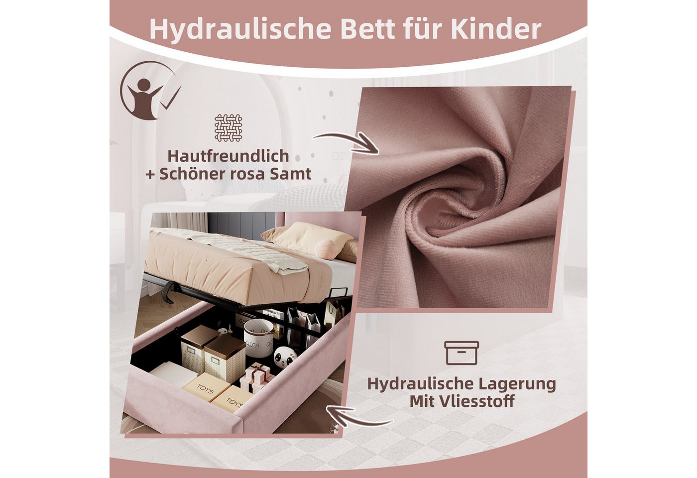 Flieks Polsterbett, Hydraulisches Kinderbett Einzelbett 90x200cm Halbkreisbogen-Kopfteil – Bild 3 von 5