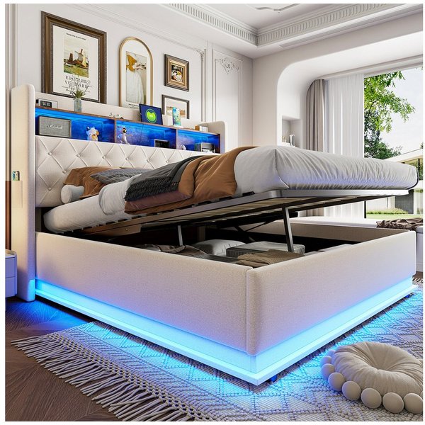 Flieks Polsterbett, LED Doppelbett 180x200cm mit USB-Ladefunktion & hydraulischem Stauraum