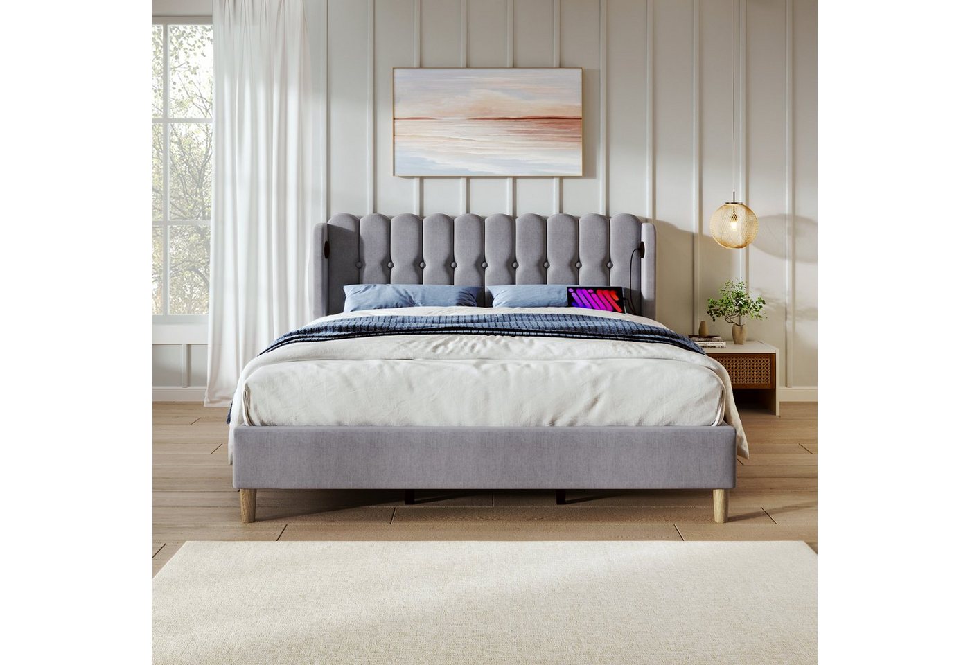 Flieks Polsterbett, Holzbett Doppelbett mit USB/Typ-C Ladeanschlüsse 160x200cm grau Leinen – Bild 2 von 5