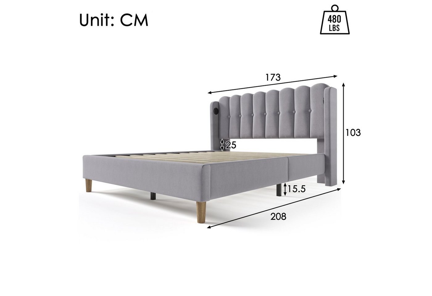 Flieks Polsterbett, Holzbett Doppelbett mit USB/Typ-C Ladeanschlüsse 160x200cm grau Leinen – Bild 4 von 5