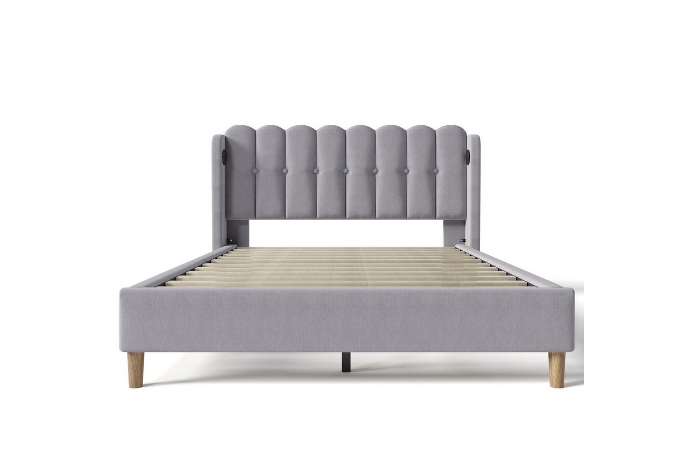 Flieks Polsterbett, Holzbett Doppelbett mit USB/Typ-C Ladeanschlüsse 160x200cm grau Leinen – Bild 5 von 5
