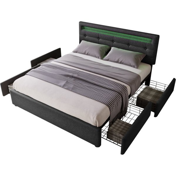 Flieks Polsterbett, LED-Beleuchtung Doppelbett 4 Schubladen Leinen 140x200cm