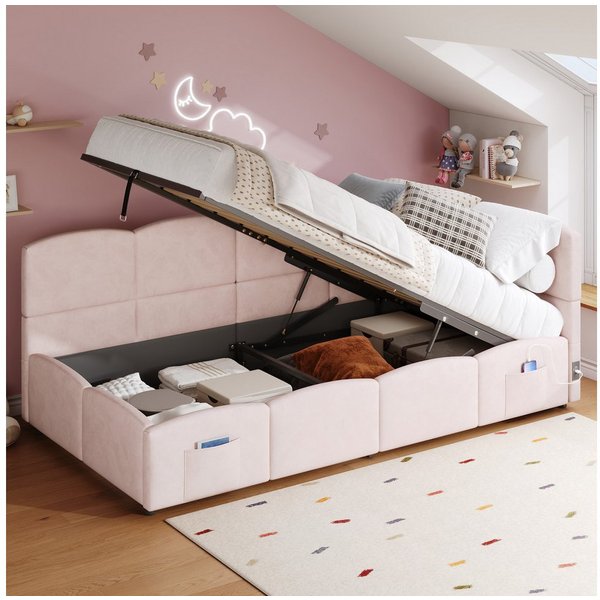 Flieks Polsterbett, Hydraulisches Kinderbett Daybett 90x200cm mit USB-Aufladen & Stauraum