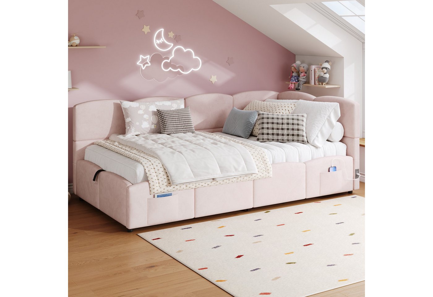 Flieks Polsterbett, Hydraulisches Kinderbett Daybett 90x200cm mit USB-Aufladen & Stauraum – Bild 2 von 5
