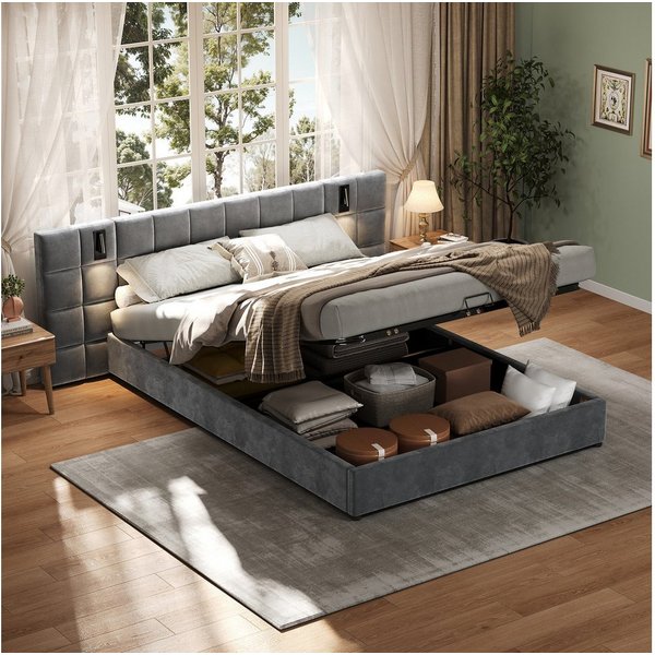 Flieks Polsterbett, Stauraumbett Leselicht & USB-Anschluss 180x200cm Samt ohne Nachttisch