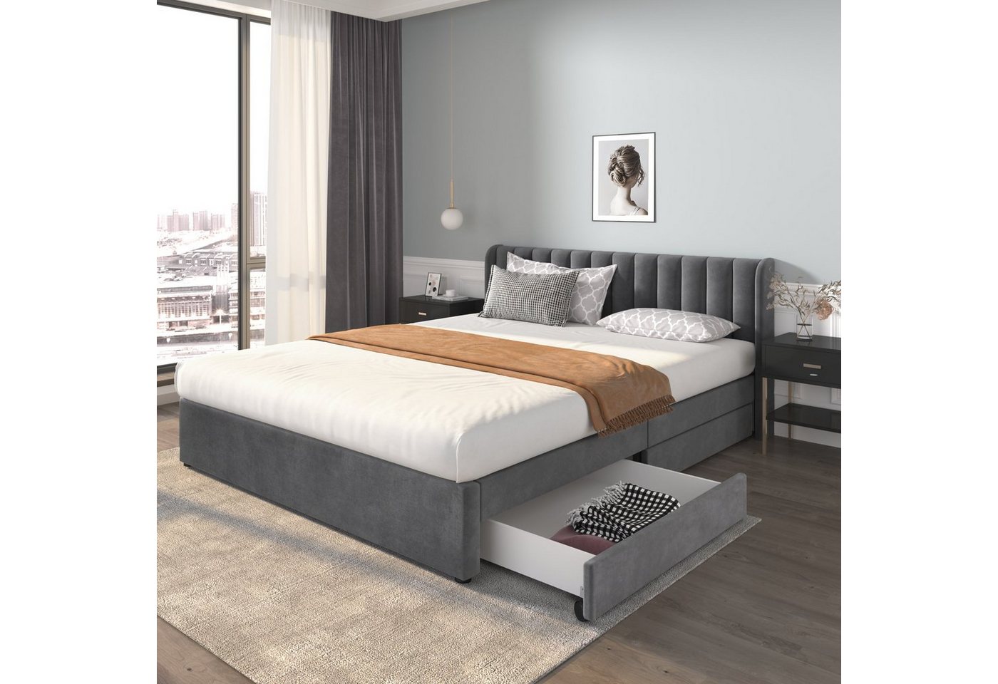 Flieks Polsterbett, Samt Stauraumbett mit 2 Schubladen 180x200cm – Bild 2 von 5