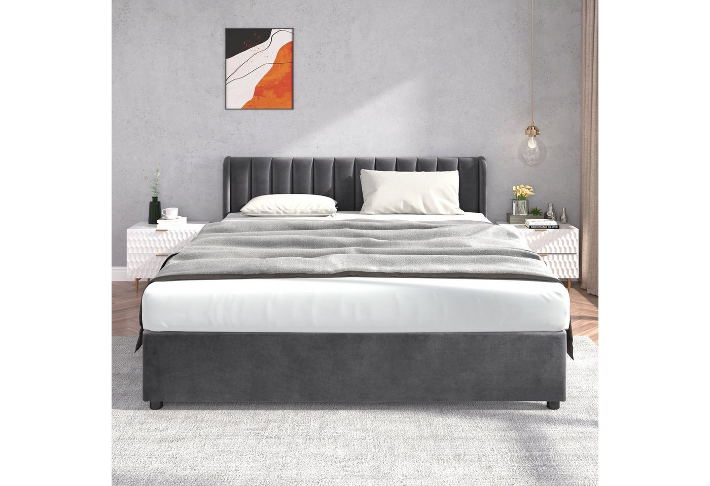 Flieks Polsterbett, Samt Stauraumbett mit 2 Schubladen 180x200cm – Bild 3 von 5