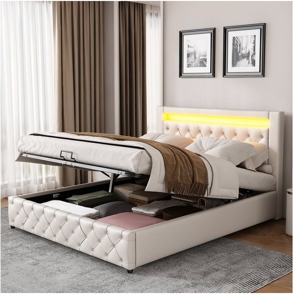 Flieks Polsterbett, LED-Beleuchtung Kunstleder Doppelbett Stauraum 160x200cm