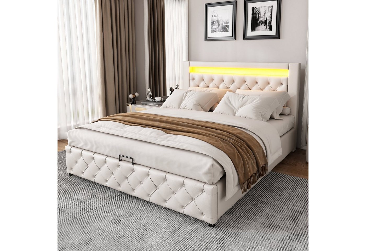 Flieks Polsterbett, LED-Beleuchtung Kunstleder Doppelbett Stauraum 160x200cm – Bild 2 von 5