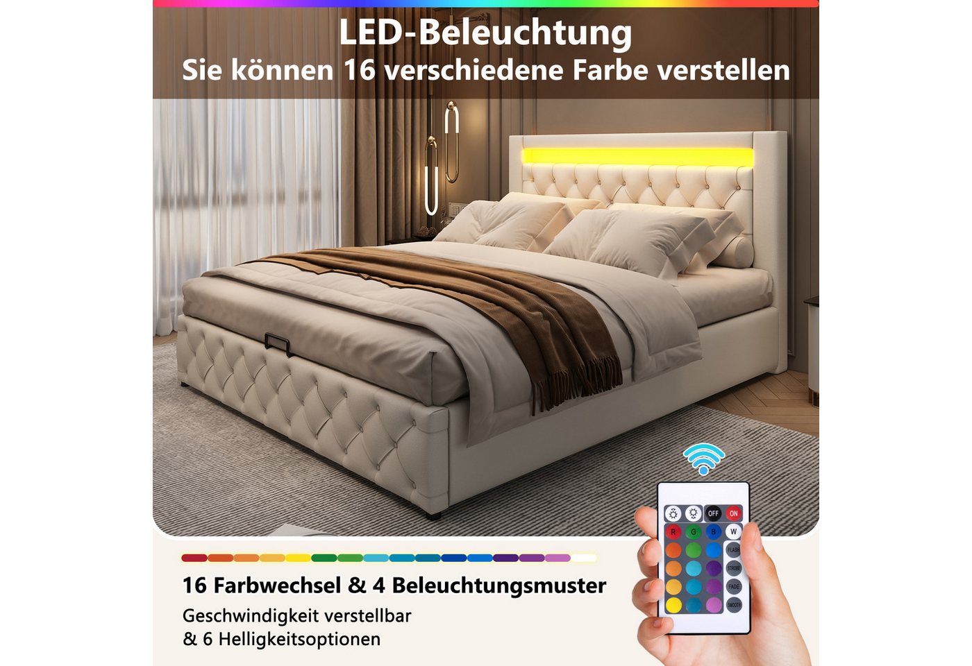 Flieks Polsterbett, LED-Beleuchtung Kunstleder Doppelbett Stauraum 160x200cm – Bild 3 von 5