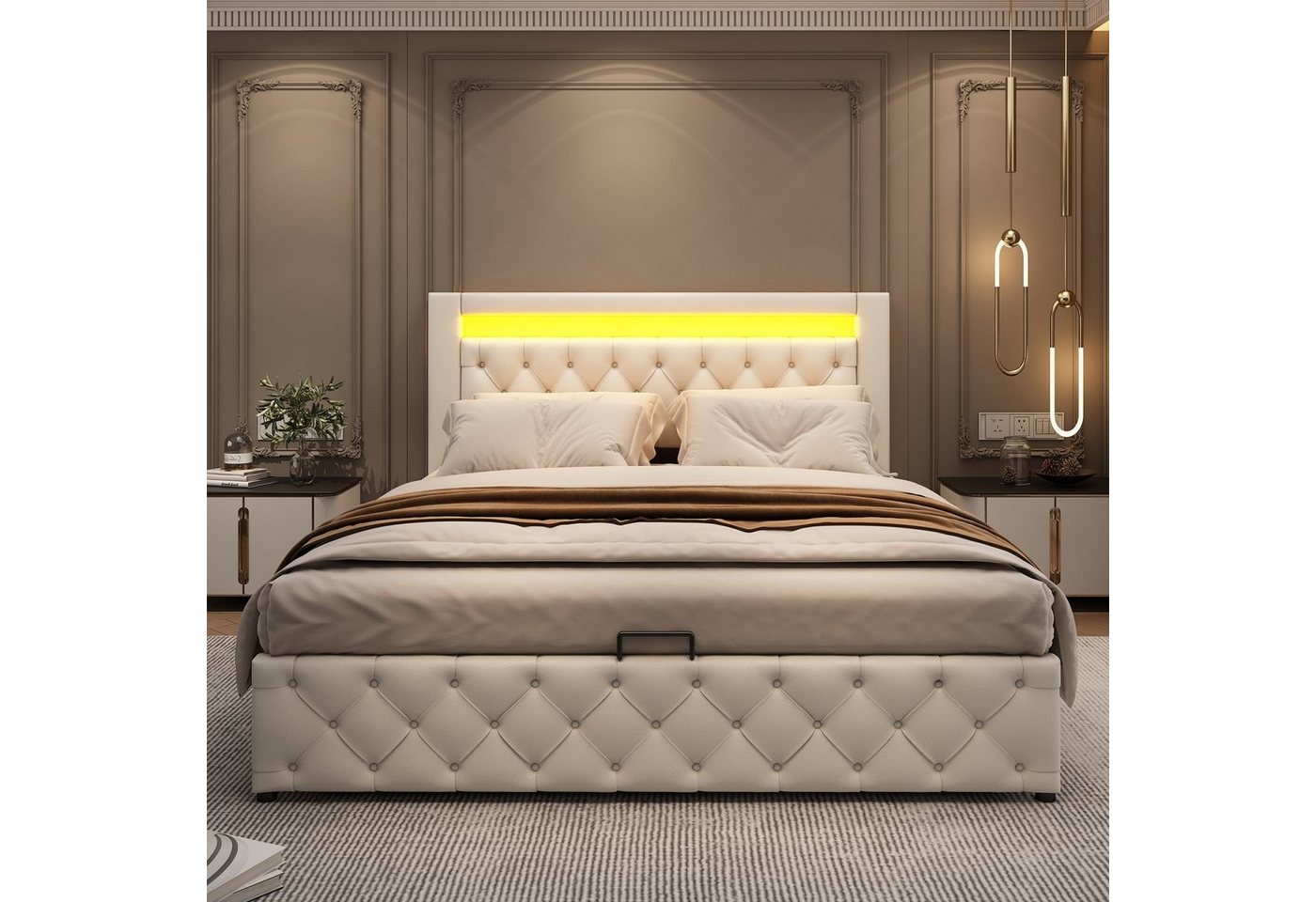 Flieks Polsterbett, LED-Beleuchtung Kunstleder Doppelbett Stauraum 160x200cm – Bild 4 von 5