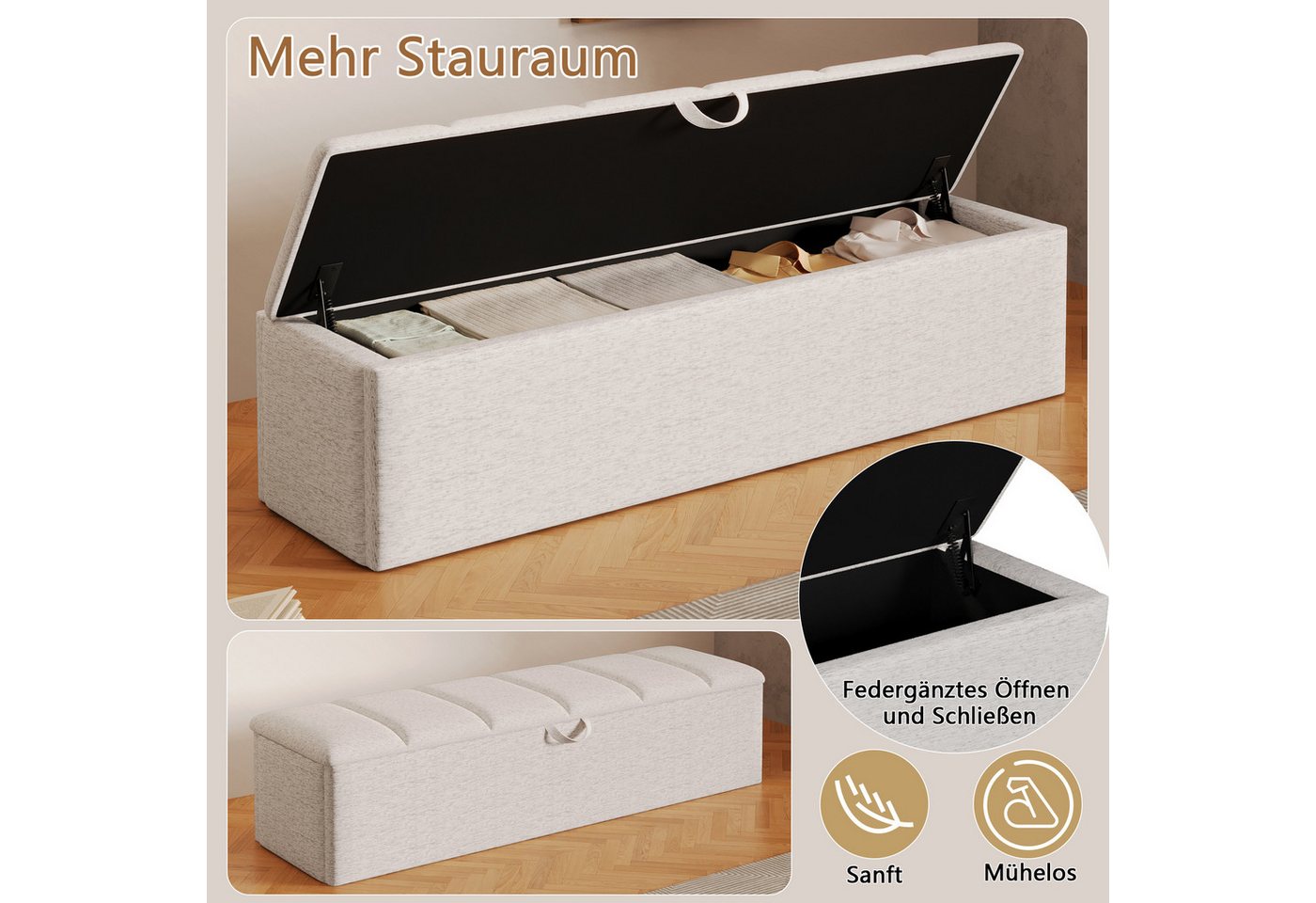 Flieks Polsterhocker, Betthocker Sitzhocker 113x32x36cm mit innerem Staufach – Bild 4 von 5