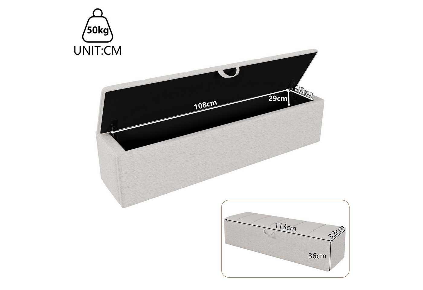 Flieks Polsterhocker, Betthocker Sitzhocker 113x32x36cm mit innerem Staufach – Bild 5 von 5