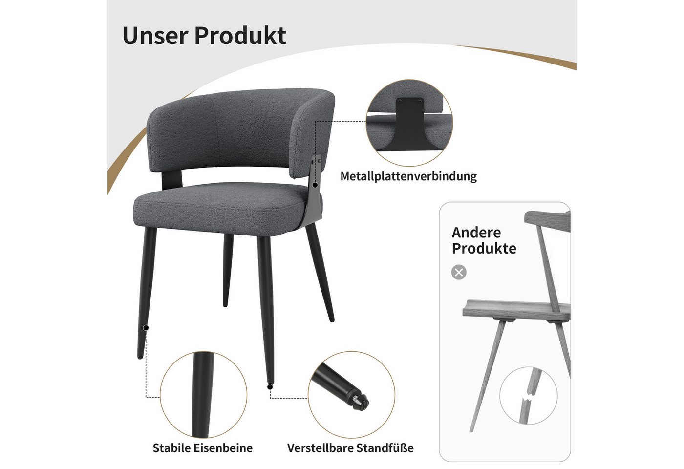 Flieks Polsterstuhl (Set, 6 St), 6er Set Esszimmerstühle mit Armlehnen Wohnzimmerstuhl Lammfellstoff – Bild 4 von 5