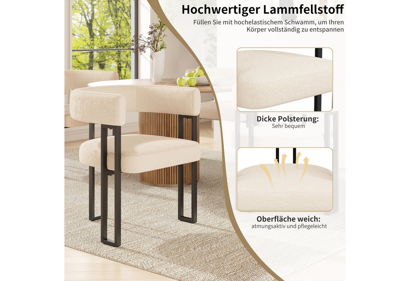 Flieks Polsterstuhl (Set, 2 St), 2er Set Esszimmerstühle mit Armlehnen Wohnzimmerstuhl Lammfellstoff – Bild 5 von 5
