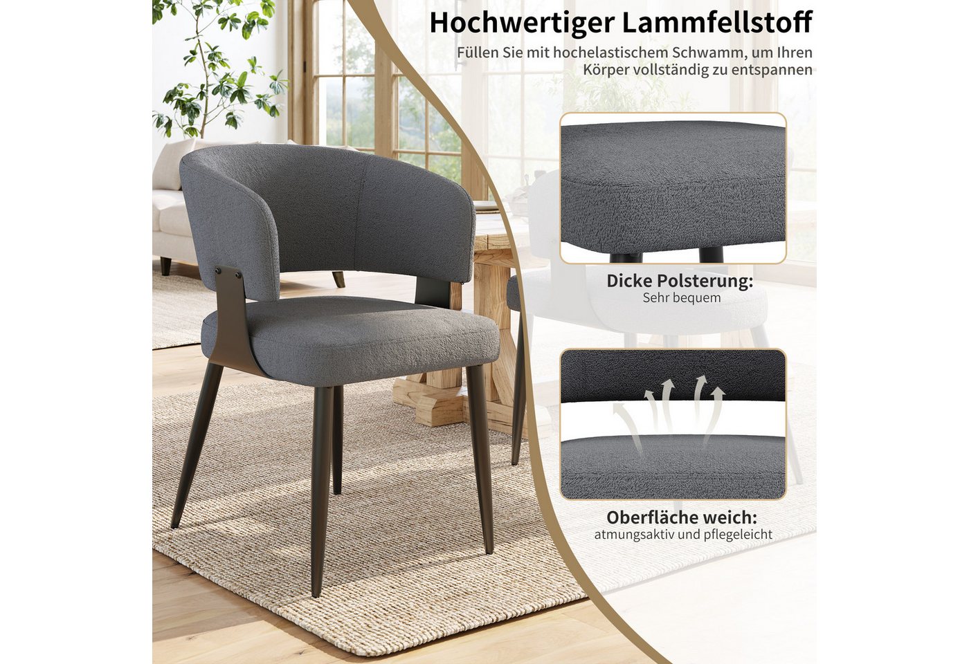 Flieks Polsterstuhl (Set, 2 St), 2er Set Esszimmerstühle mit Armlehnen Wohnzimmerstuhl Lammfellstoff – Bild 5 von 5