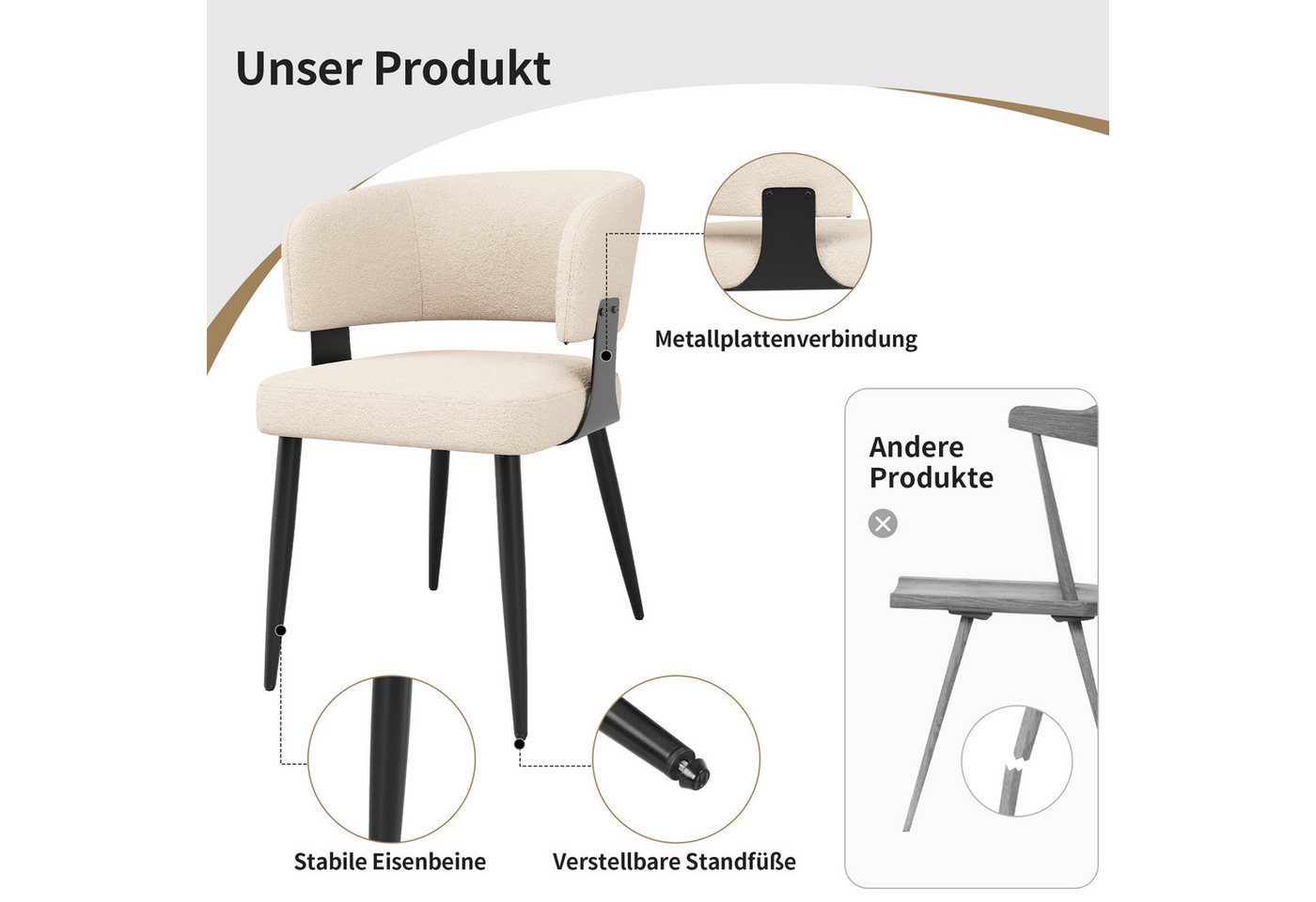Flieks Polsterstuhl (Set, 2 St), 2er Set Esszimmerstühle mit Armlehnen Wohnzimmerstuhl Lammfellstoff – Bild 4 von 5