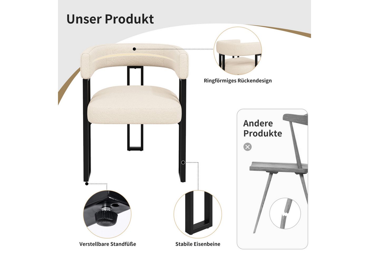 Flieks Polsterstuhl (Set, 6 St), 6er Set Esszimmerstühle mit Armlehnen Wohnzimmerstuhl Lammfellstoff – Bild 4 von 5