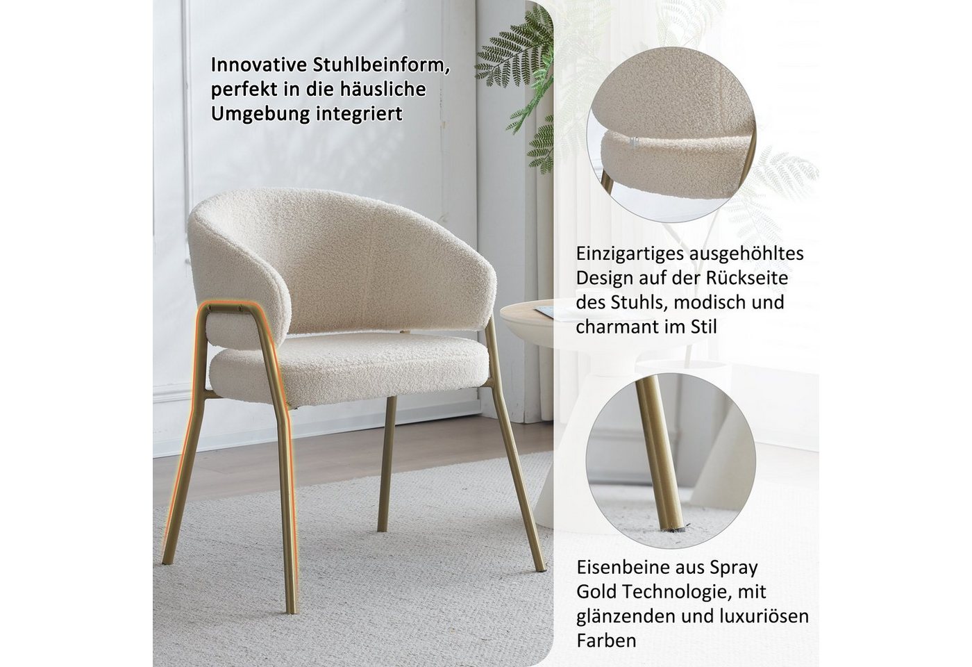 Flieks Polsterstuhl (Set, 4 St), 4er Set Esszimmerstühle Wohnzimmerstuhl, Lamm Samt, goldene Beine – Bild 5 von 5