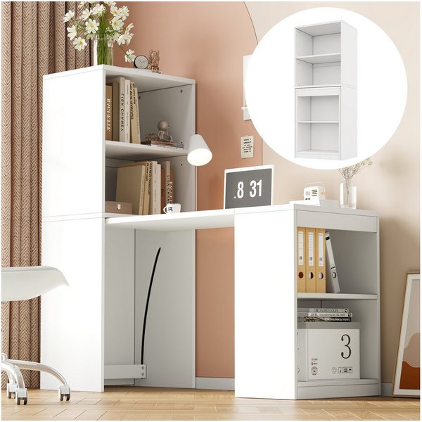 Flieks Regal-Schreibtisch L-Form multifunktionaler Klapptisch mit Rollen&Bücherregal 2-in-1 (Tischplatte: 90x51 cm, Standregal: 55x40x137 cm, Gesamtlänge 130 cm