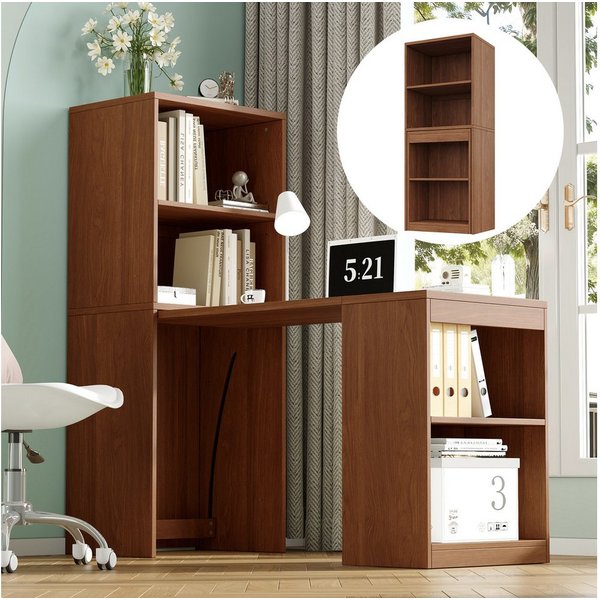 Flieks Regal-Schreibtisch L-Form multifunktionaler Klapptisch mit Rollen&Bücherregal 2-in-1 (Tischplatte: 90x51 cm, Standregal: 55x40x137 cm, Gesamtlänge 130 cm