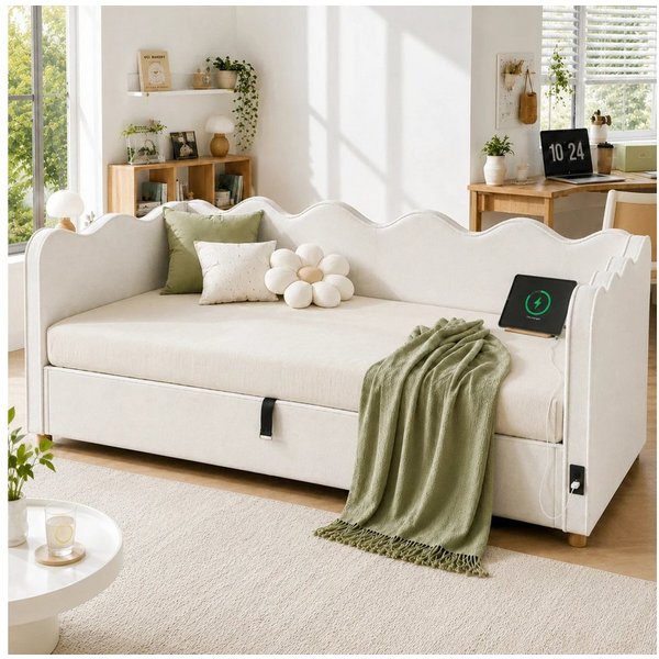 Flieks Schlafsofa, Hydraulisches Stauraumbett Polsterbett 90x200cm mit USB-Aufladen