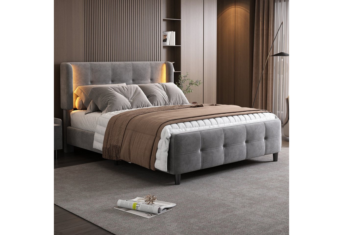 Flieks Schlafzimmer-Set, (1-tlg), LED Beleuchtung Polsterbett 140x200cm Samtbezug – Bild 2 von 5