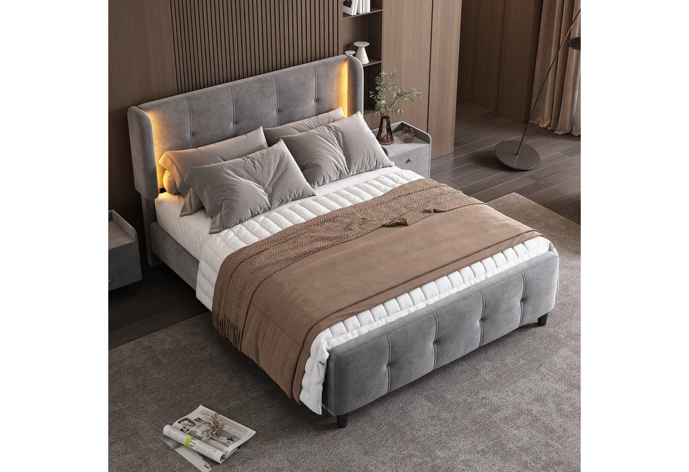 Flieks Schlafzimmer-Set, (1-tlg), LED Beleuchtung Polsterbett 140x200cm Samtbezug – Bild 3 von 5