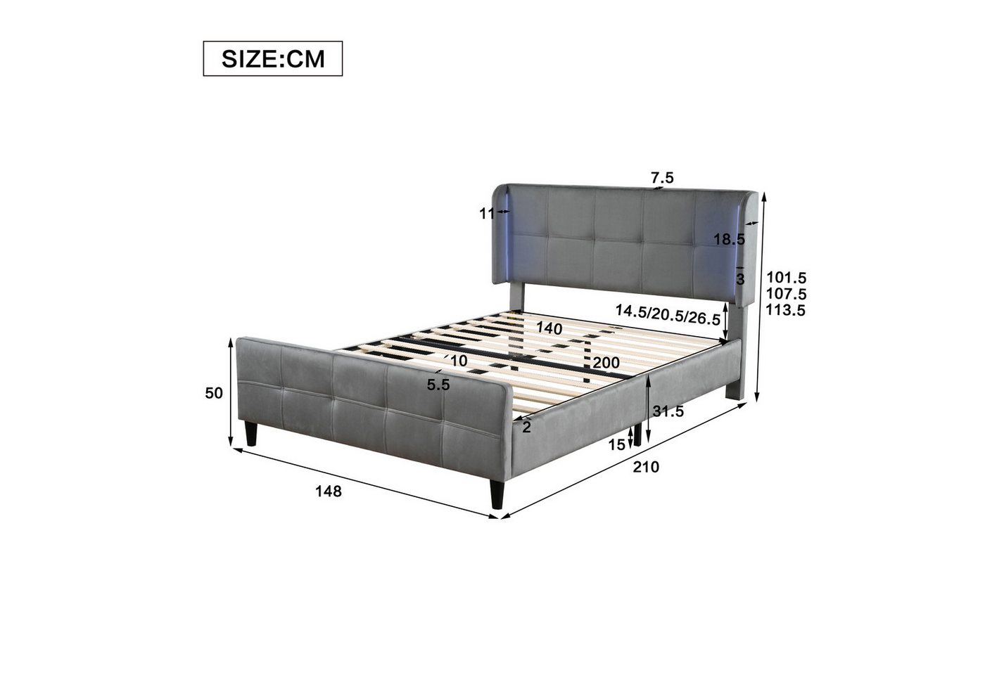 Flieks Schlafzimmer-Set, (1-tlg), LED Beleuchtung Polsterbett 140x200cm Samtbezug – Bild 4 von 5
