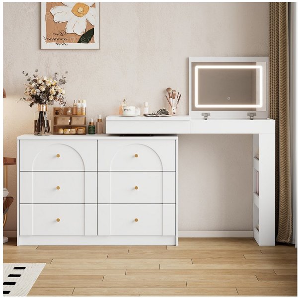 Flieks Schminktisch, Schminkkommode 105x40x80cm mit drehbarem Beistelltisch und LED Spiegel