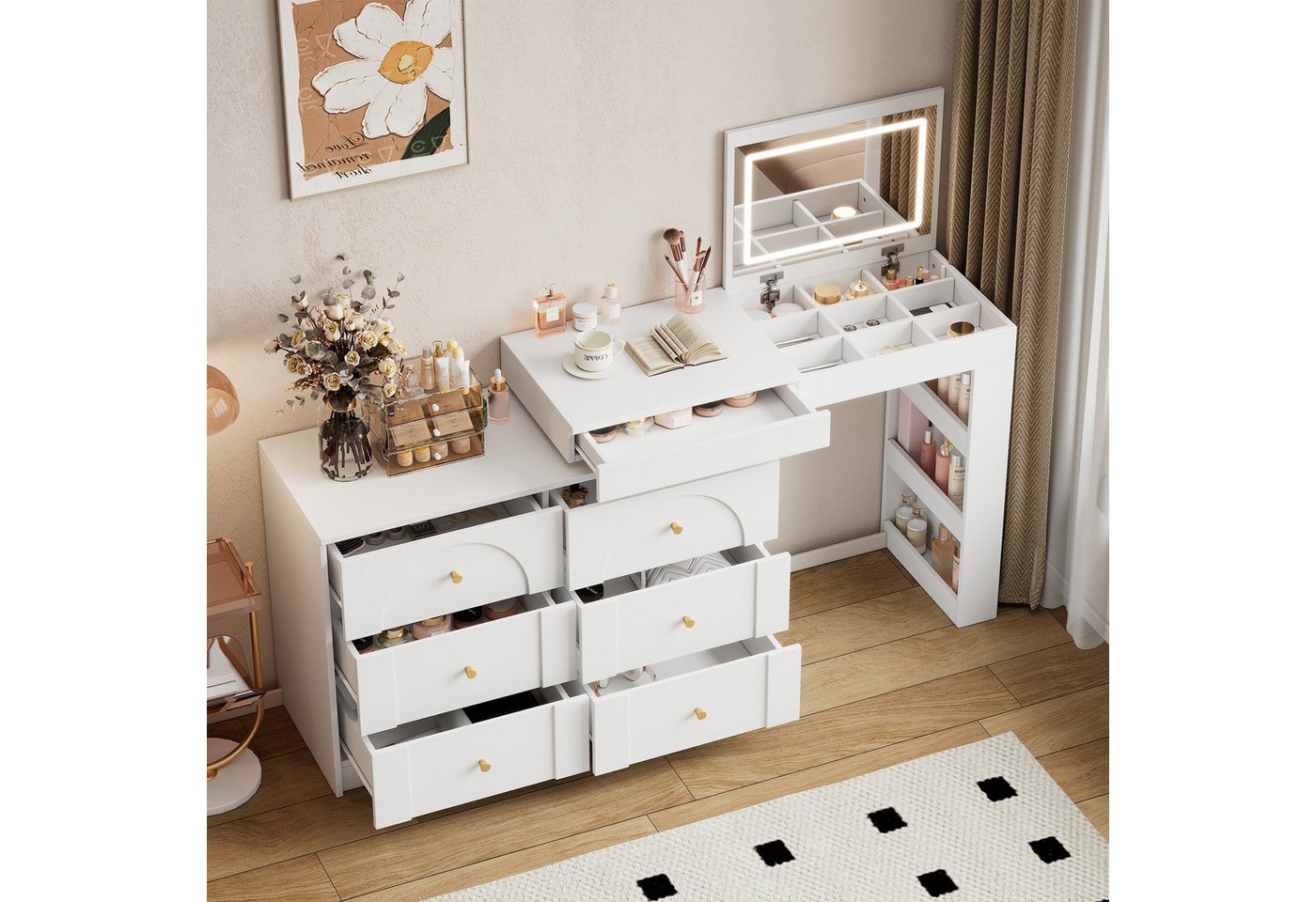 Flieks Schminktisch, Schminkkommode 105x40x80cm mit drehbarem Beistelltisch und LED Spiegel – Bild 2 von 5