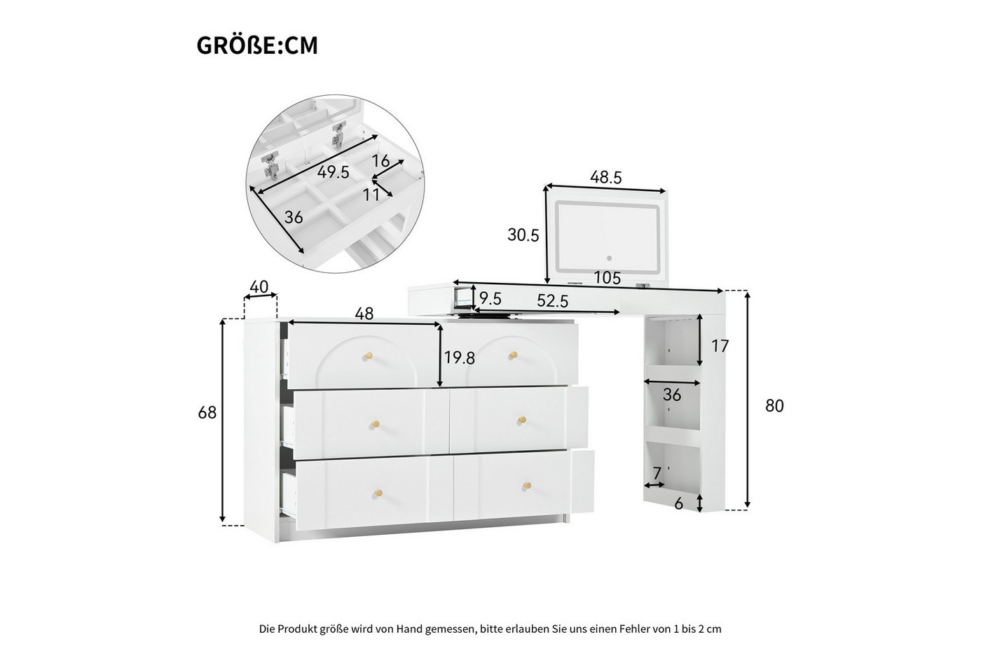 Flieks Schminktisch, Schminkkommode 105x40x80cm mit drehbarem Beistelltisch und LED Spiegel – Bild 3 von 5