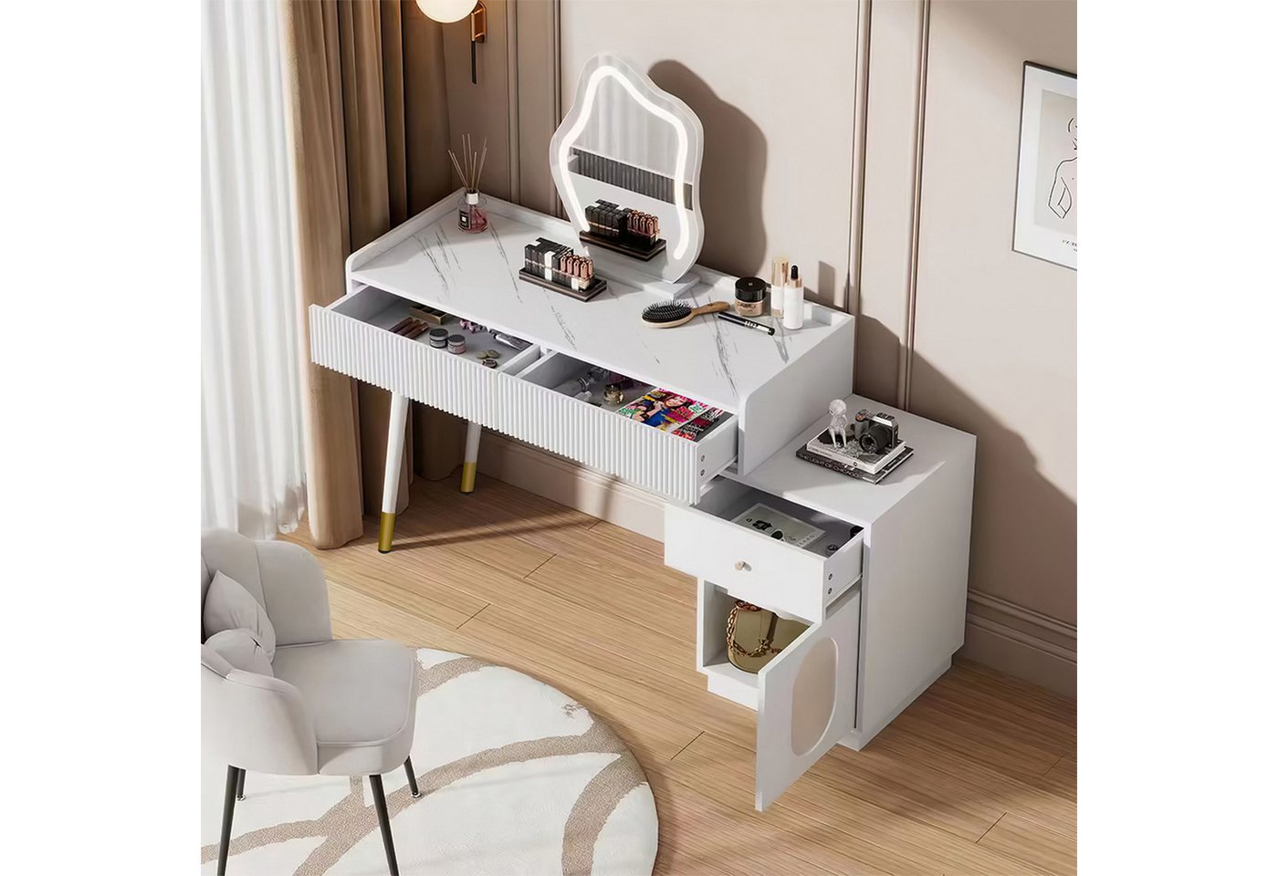 Flieks Schminktisch, Schminktisch mit LED-Spiegel und Schrank, ohne Stuhl, 100x39.8x75cm – Bild 3 von 5