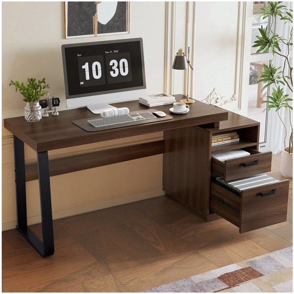 Flieks Schreibtisch mit 2 Schubladen Computertisch (1-St., B135/T54/H76,3 cm, Stahlgestell), Arbeitstisch Bürotisch Walnussfarbe, Tischplatte aus MDF, Breite 13