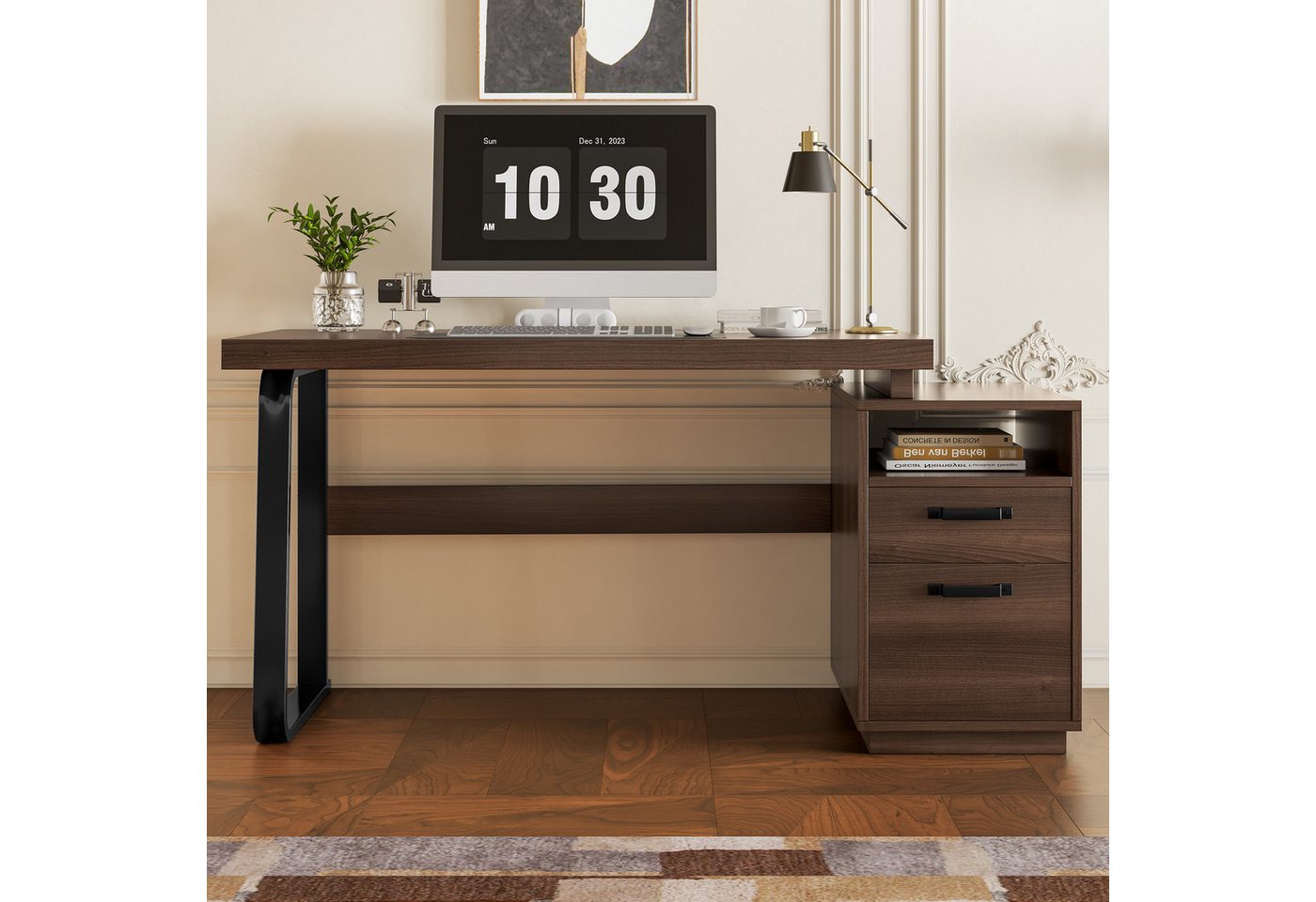 Flieks Schreibtisch mit 2 Schubladen Computertisch (1-St., B135/T54/H76,3 cm, Stahlgestell), Arbeitstisch Bürotisch Walnussfarbe, Tischplatte aus MDF, Breite 13 – Bild 2 von 5