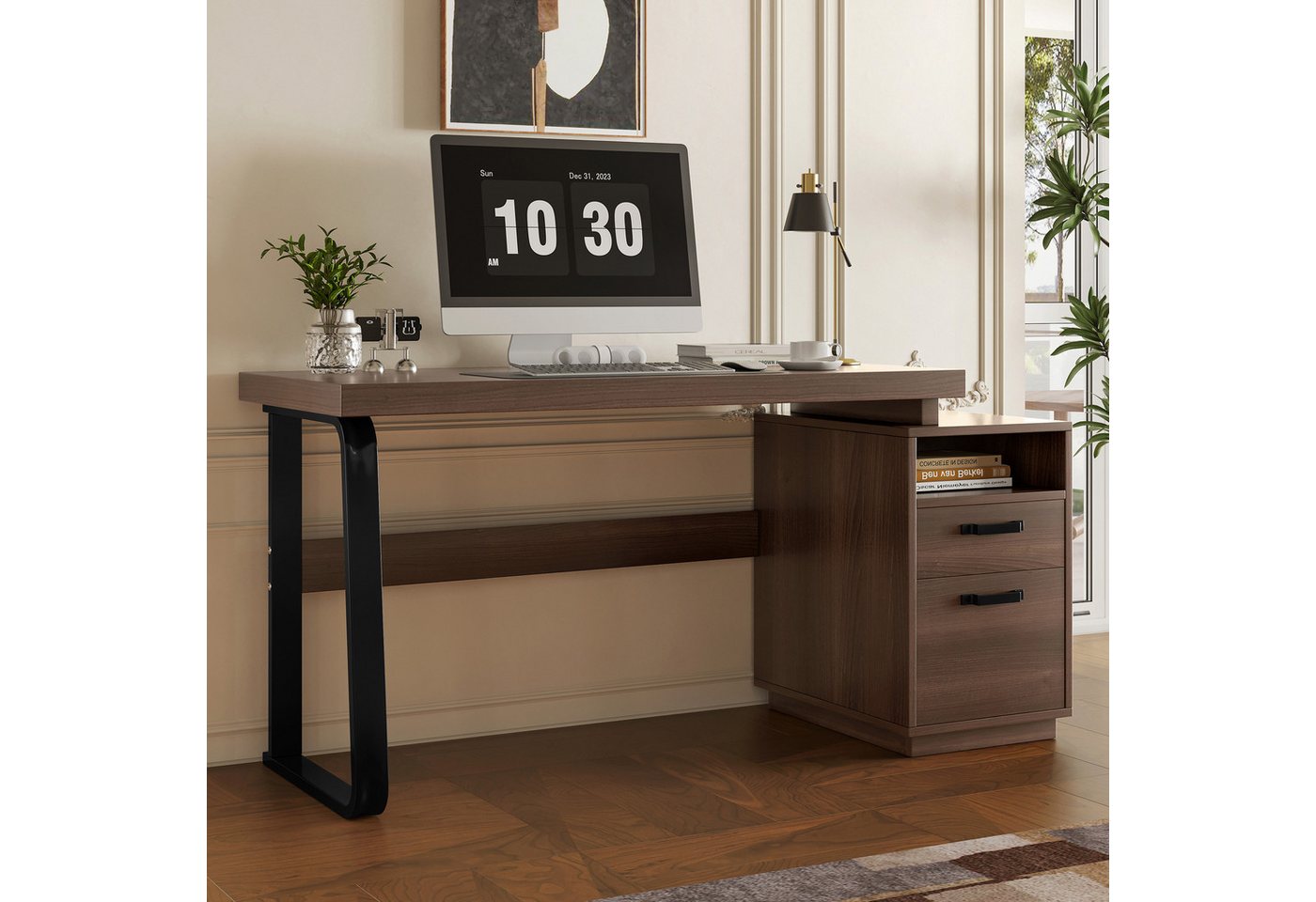 Flieks Schreibtisch mit 2 Schubladen Computertisch (1-St., B135/T54/H76,3 cm, Stahlgestell), Arbeitstisch Bürotisch Walnussfarbe, Tischplatte aus MDF, Breite 13 – Bild 3 von 5