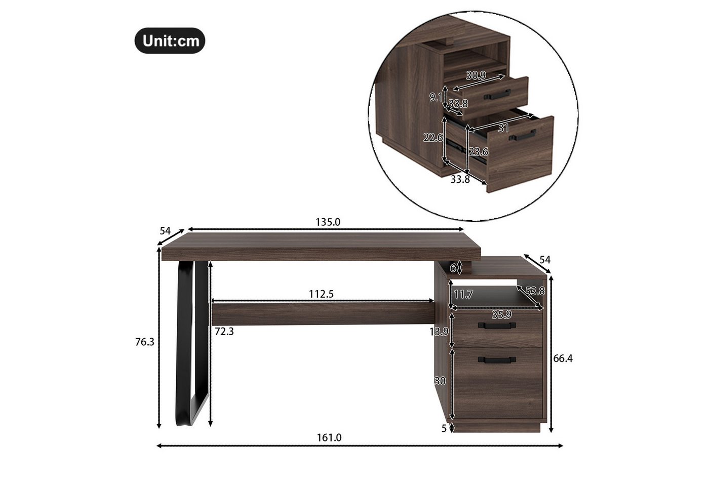 Flieks Schreibtisch mit 2 Schubladen Computertisch (1-St., B135/T54/H76,3 cm, Stahlgestell), Arbeitstisch Bürotisch Walnussfarbe, Tischplatte aus MDF, Breite 13 – Bild 4 von 5
