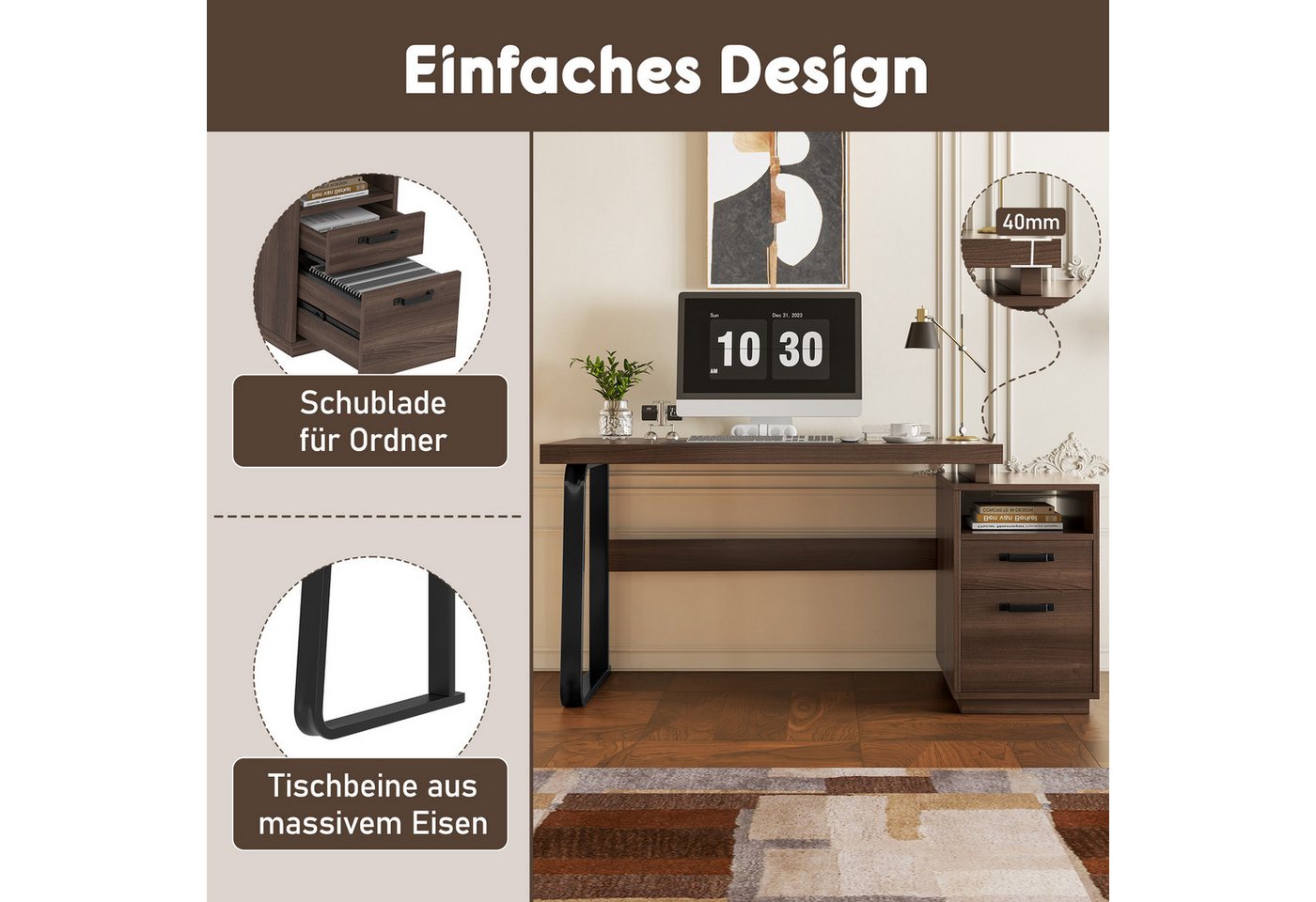 Flieks Schreibtisch mit 2 Schubladen Computertisch (1-St., B135/T54/H76,3 cm, Stahlgestell), Arbeitstisch Bürotisch Walnussfarbe, Tischplatte aus MDF, Breite 13 – Bild 5 von 5