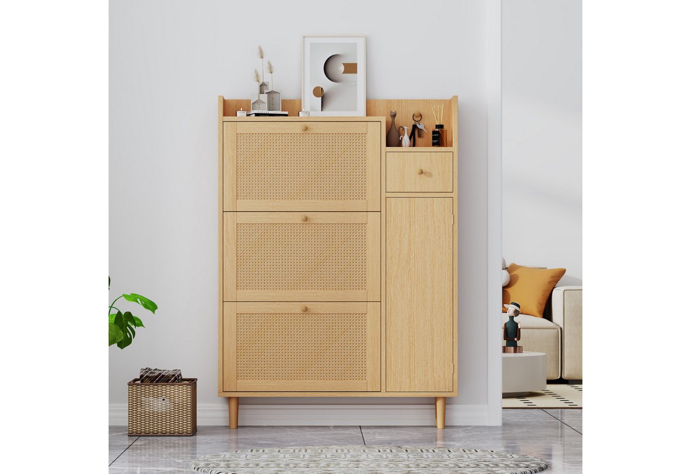 Flieks Schuhschrank (1-St., 90cm breit) Schuhregal mit 3 Klappen Schuhkommode Rattan Massivholzbeine – Bild 2 von 5
