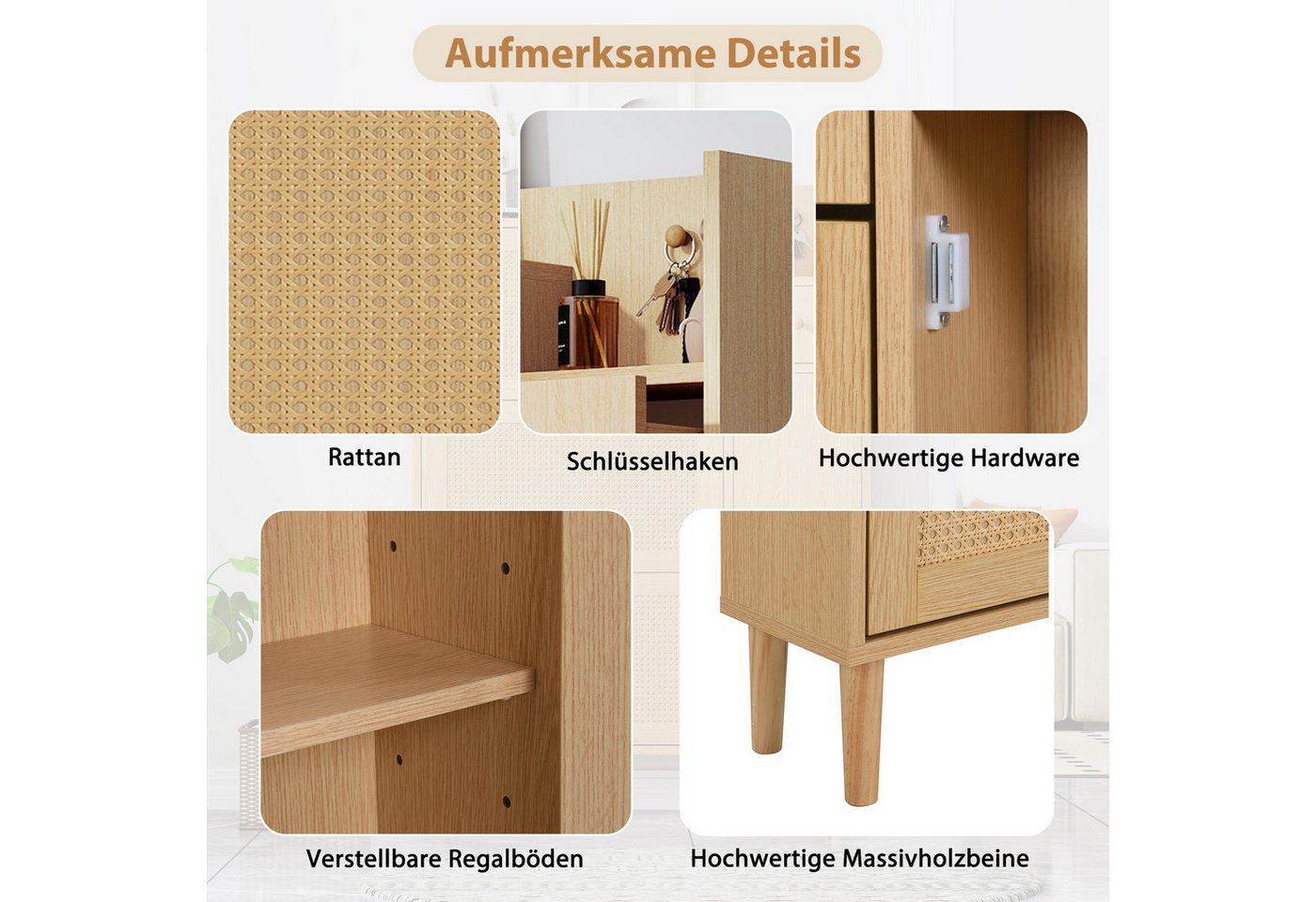 Flieks Schuhschrank (1-St., 90cm breit) Schuhregal mit 3 Klappen Schuhkommode Rattan Massivholzbeine – Bild 5 von 5