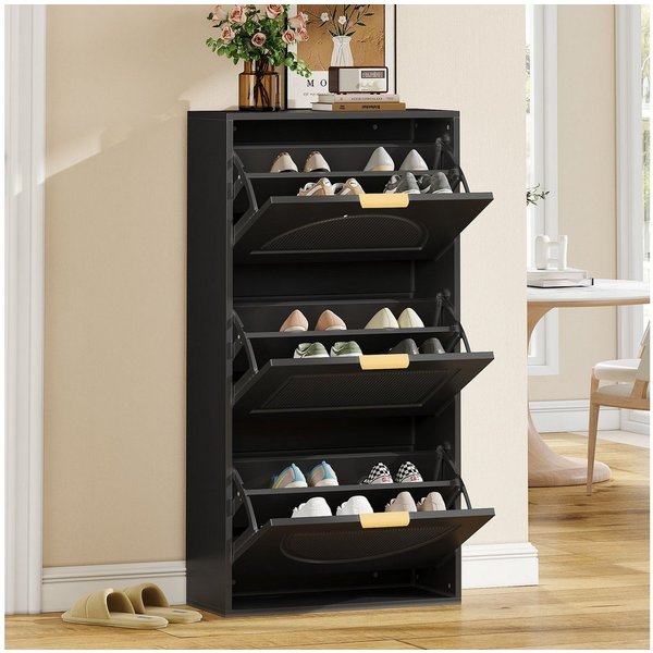 Flieks Schuhschrank (B60/T24/H114 cm, 1-St., ca 12 Paar Schuhe) Schuhregal mit 3 Klappen Schuhkipper Schuhkommode Schwarz