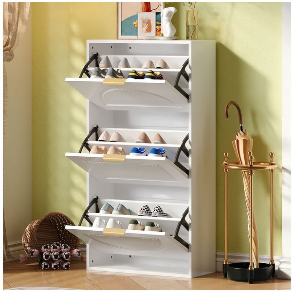 Flieks Schuhschrank (B60/T24/H114 cm, 1-St., ca 12 Paar Schuhe) Schuhregal mit 3 Klappen Schuhkipper Schuhkommode Weiß, Breite 60 cm