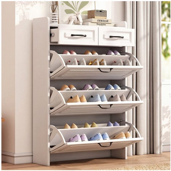 Flieks Schuhschrank (B80/T23,5/H131 cm, 1-St., für ca. 18 Paar Schuhe) Schuhkommode mit 3 Klappen und 2 Schubladen Schuhregal weiß