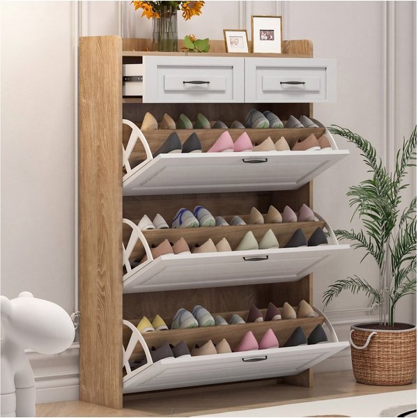 Flieks Schuhschrank (B80/T23,5/H131 cm, 1-St., für ca. 18 Paar Schuhe) Schuhkommode mit 3 Klappen und 2 Schubladen Schuhregal natur&weiß