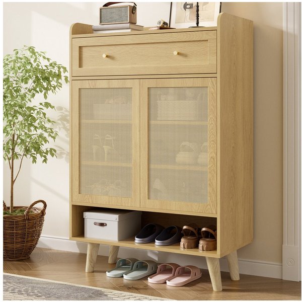 Flieks Schuhschrank mit 1 Schubladen, 2 Türen aus Rattan und verstellbarer Einlegeböden (1-St., 80x35x105 cm) Schuhkommode Mehrzweckschrank Sideboard mit 4 Fäch