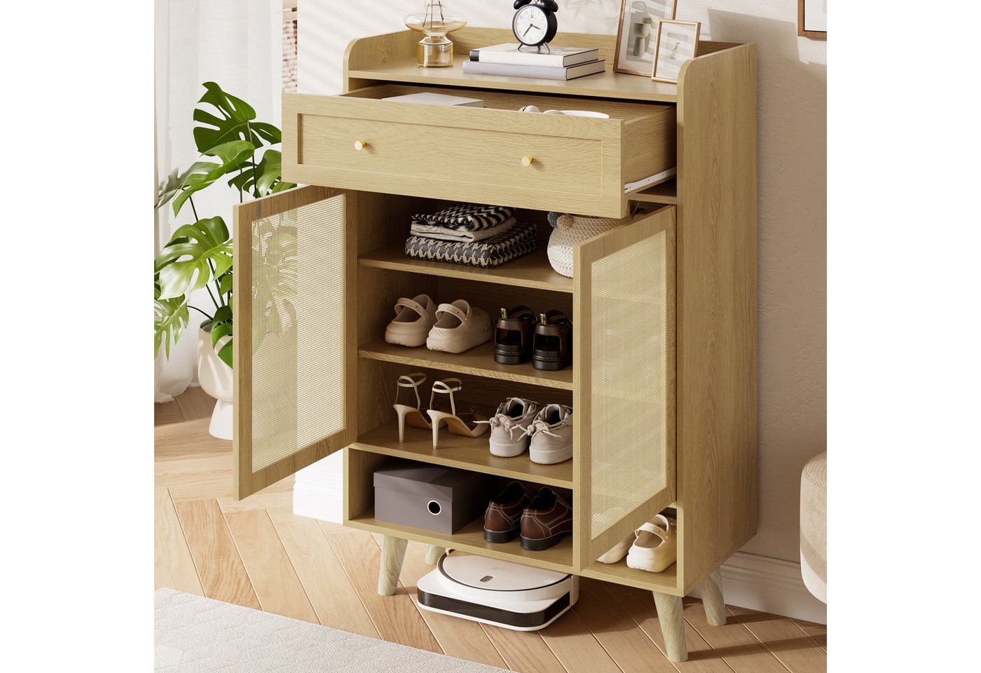 Flieks Schuhschrank mit 1 Schubladen, 2 Türen aus Rattan und verstellbarer Einlegeböden (1-St., 80x35x105 cm) Schuhkommode Mehrzweckschrank Sideboard mit 4 Fäch – Bild 2 von 5