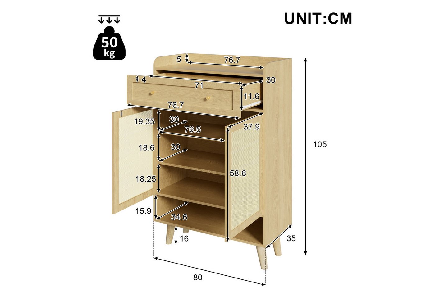 Flieks Schuhschrank mit 1 Schubladen, 2 Türen aus Rattan und verstellbarer Einlegeböden (1-St., 80x35x105 cm) Schuhkommode Mehrzweckschrank Sideboard mit 4 Fäch – Bild 5 von 5