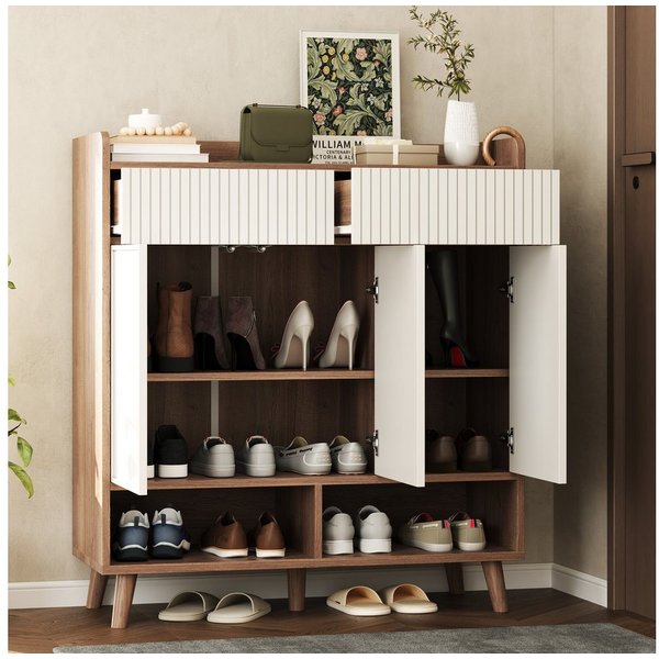 Flieks Schuhschrank mit 2 Schubladen, 3 Türen und 2 offenen Fächern Weiß+Natur (90x35x100 cm, 1-St) Mehrzweckschrank Schuhkommode mit verstellbarer Einlegeböden
