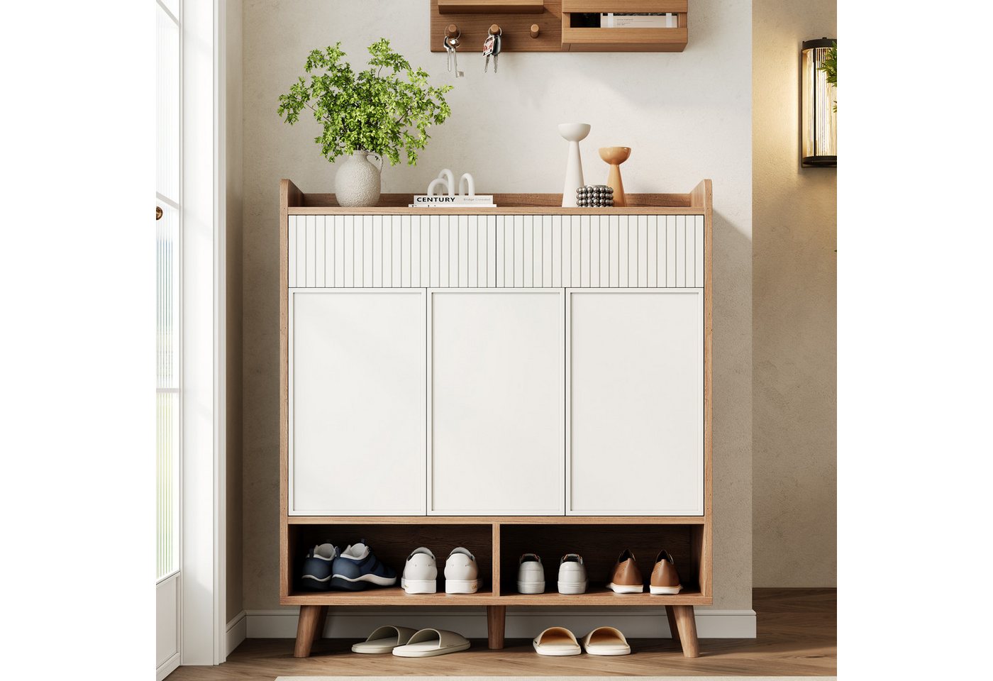 Flieks Schuhschrank mit 2 Schubladen, 3 Türen und 2 offenen Fächern Weiß+Natur (90x35x100 cm, 1-St) Mehrzweckschrank Schuhkommode mit verstellbarer Einlegeböden – Bild 2 von 5