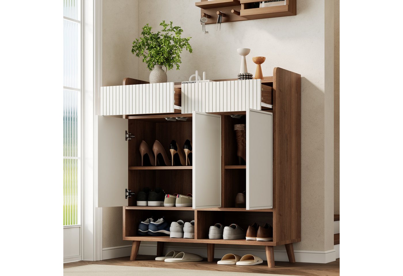 Flieks Schuhschrank mit 2 Schubladen, 3 Türen und 2 offenen Fächern Weiß+Natur (90x35x100 cm, 1-St) Mehrzweckschrank Schuhkommode mit verstellbarer Einlegeböden – Bild 3 von 5